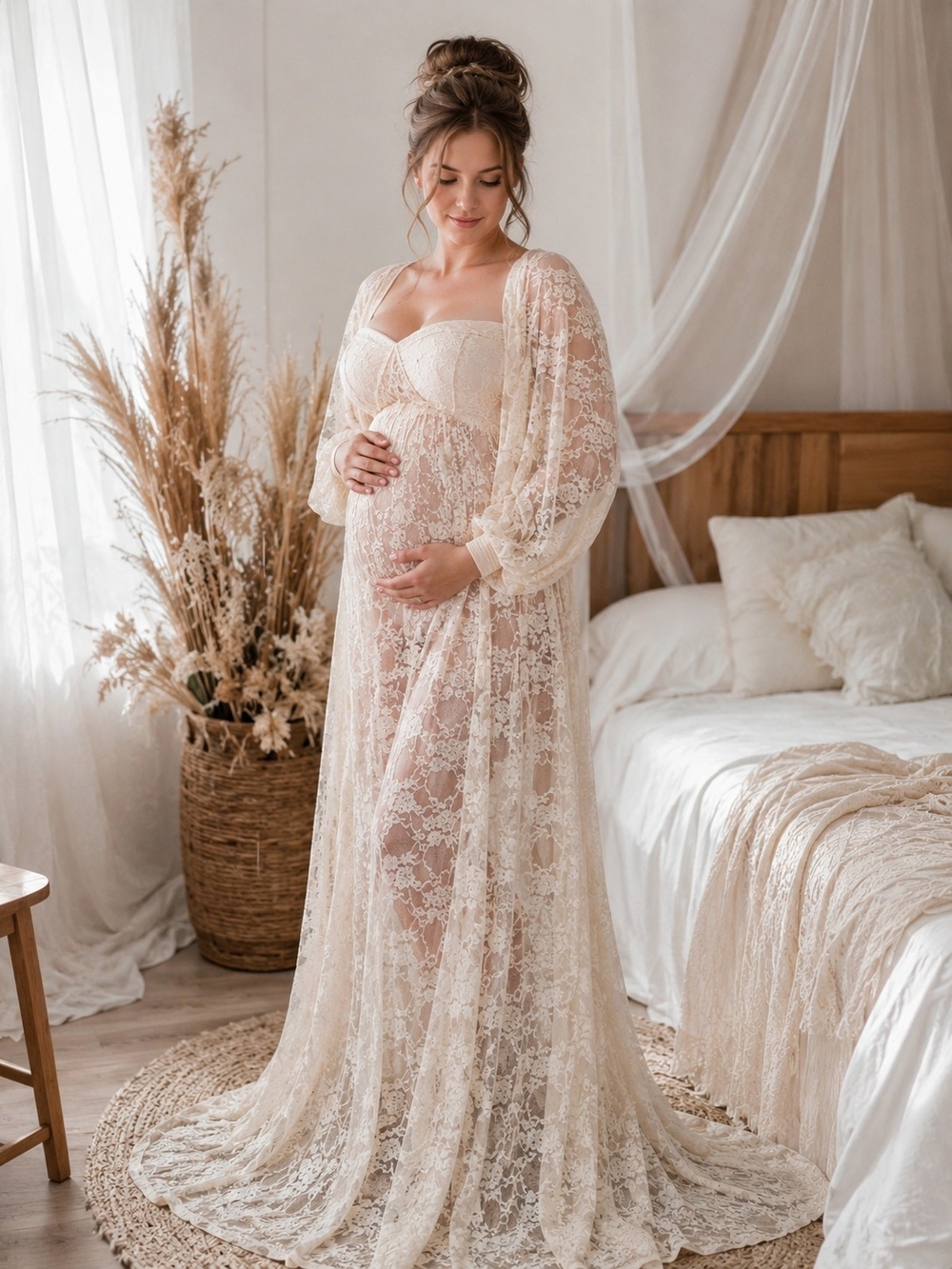 Maternity Lace Photo Shoot Gown Size Small Peach Blush Sheer Maxi Dress